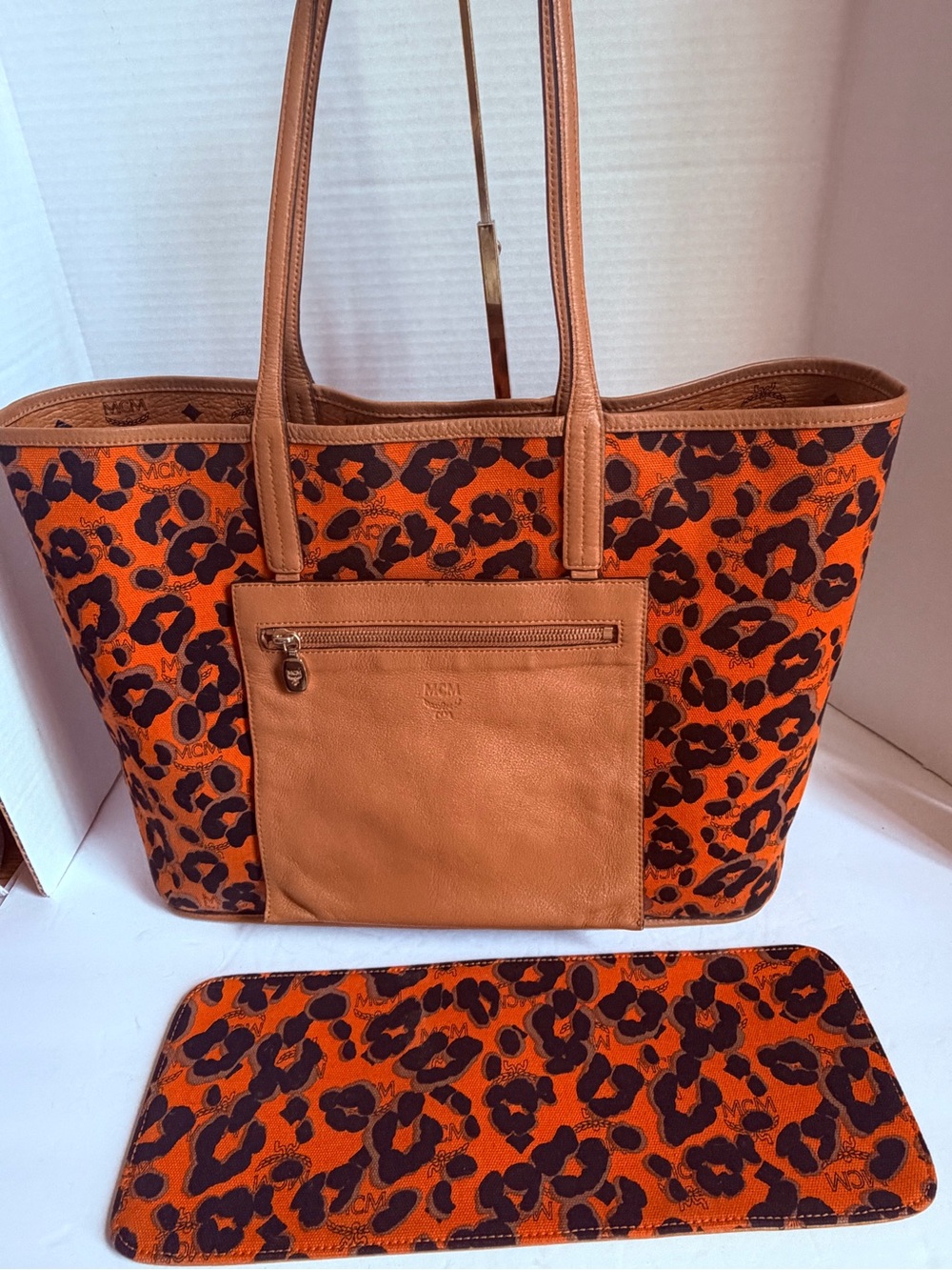 MCM Visetos Tan Logo Tote with Leather Straps